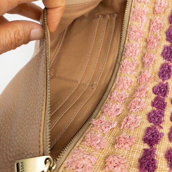Fossil Purse Preston Leather Straw Fold-Over Pouch with Wristlet Tan Pink Purple - Picture 10 of 16